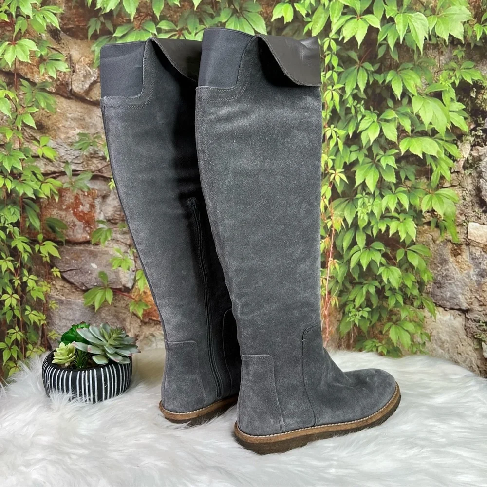 VINCE Quiet Luxury Minimalist Gray Suede Over the Knee Crepe Sole Boots, 6M